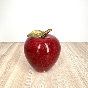 Marble Apple Paperweight Red Stone Brass Leaf Stem Decor 3.5in READ